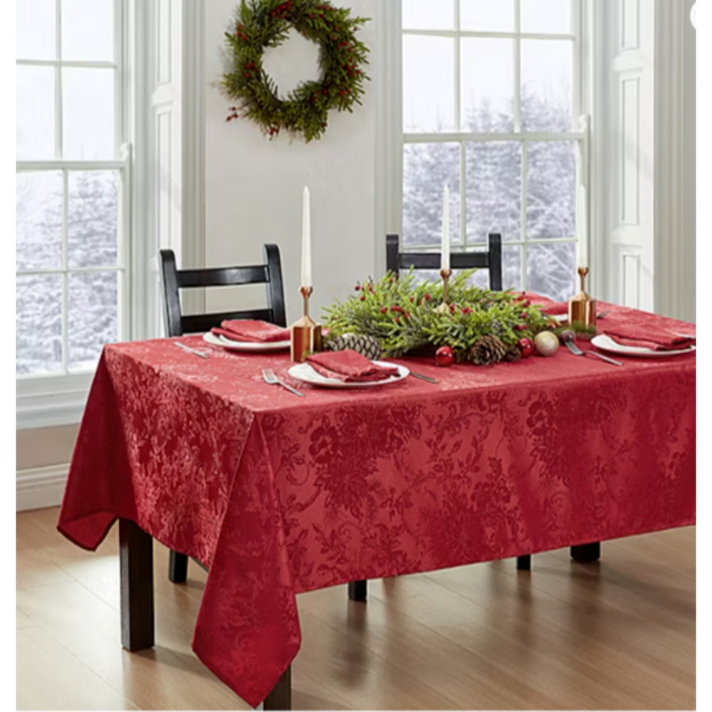 Brocade Red Fabric Rectangle Table Cloth Linen 60"x102" Poinsettia Christmas